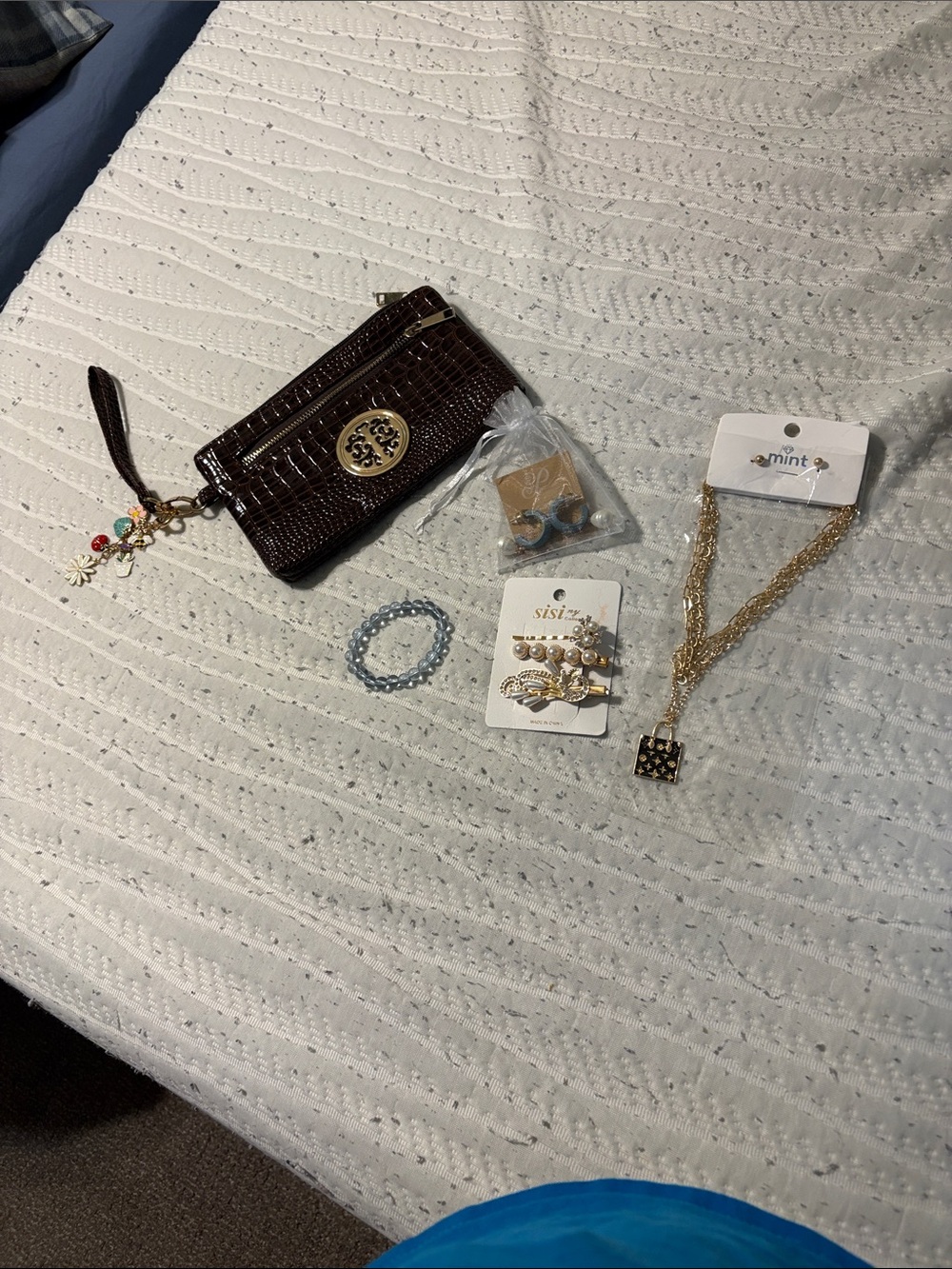 Women’s Dark Brown Wristlet Clutch with Gold Accents and jewelry bundle